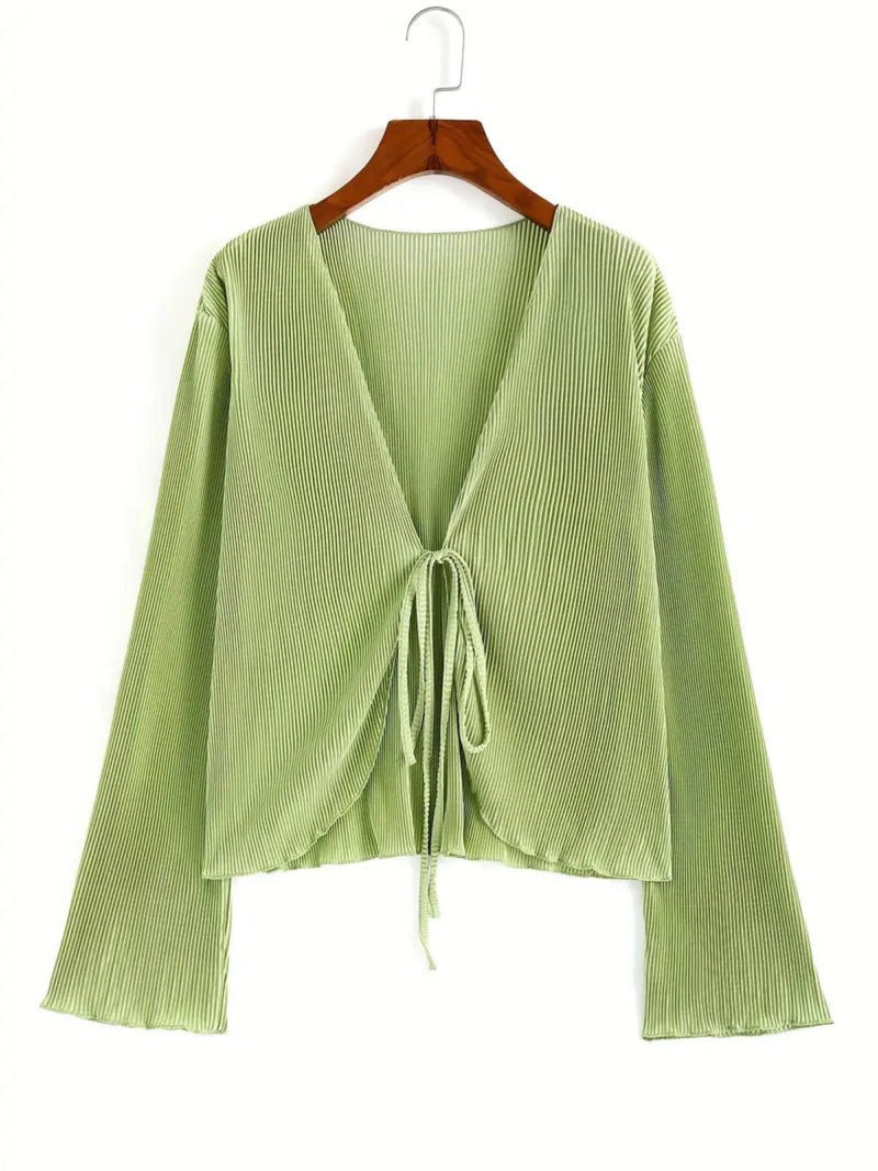 V-Neck Pleated Texture Cardigan