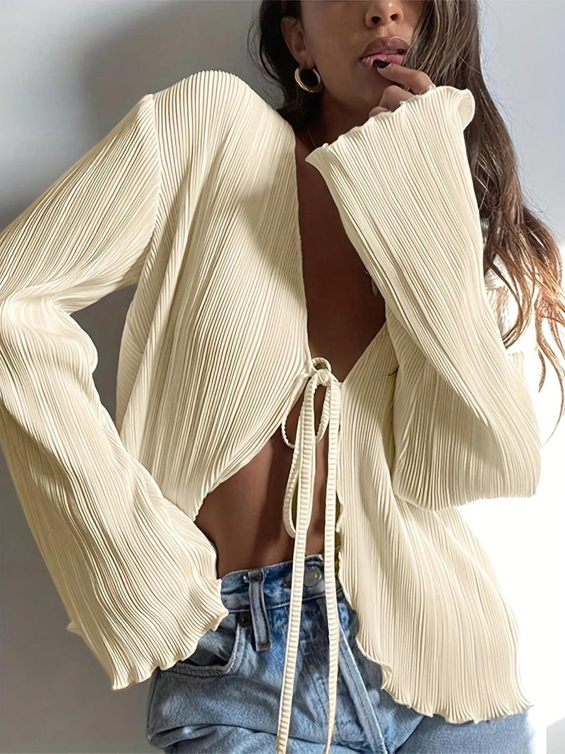V-Neck Pleated Texture Cardigan