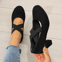 Velvet Cross Strap Block Heel Pumps for Festivals and Special Occasions