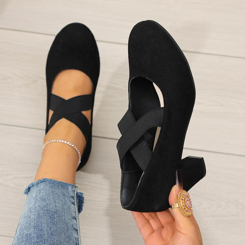 Velvet Cross Strap Block Heel Pumps for Festivals and Special Occasions