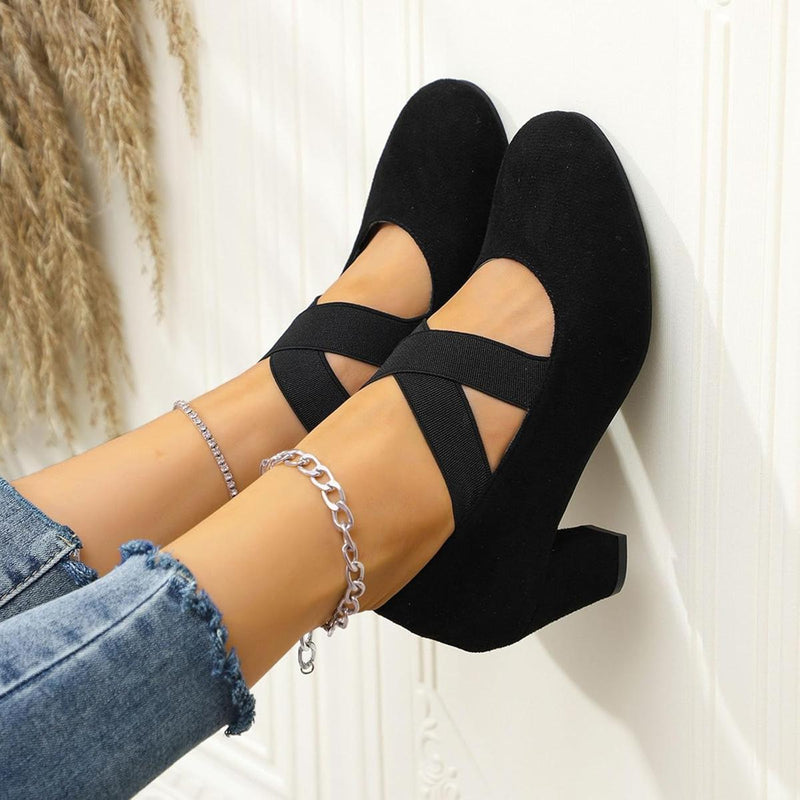 Velvet Cross Strap Block Heel Pumps for Festivals and Special Occasions