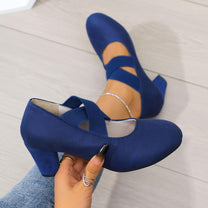 Velvet Cross Strap Block Heel Pumps for Festivals and Special Occasions