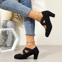 Velvet Cross Strap Block Heel Pumps for Festivals and Special Occasions