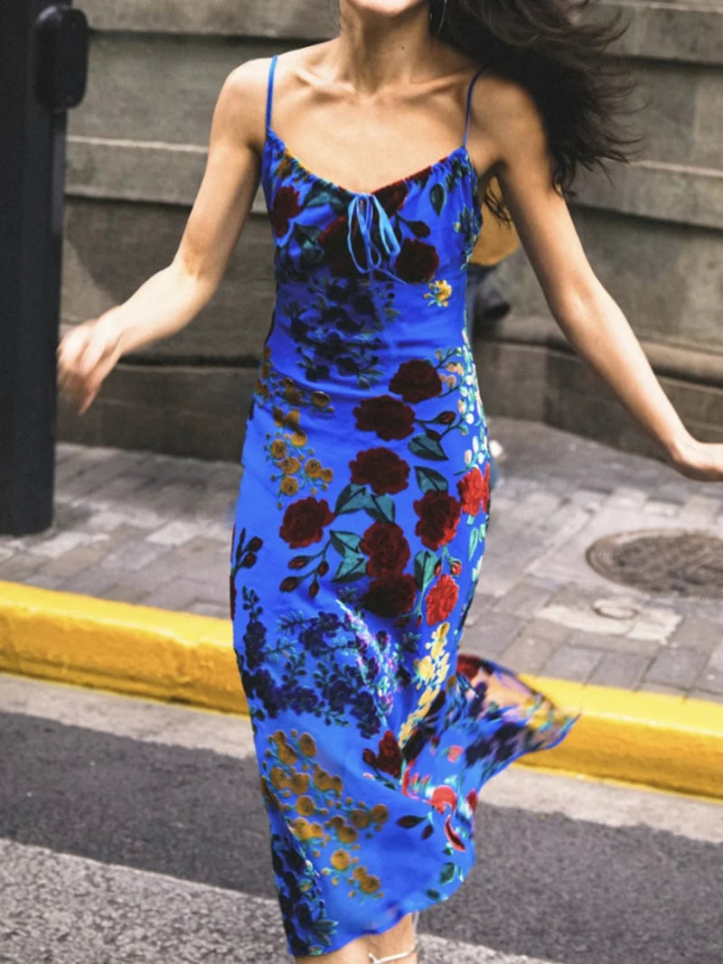 Velvet Floral Appliqué Cami Midi Dress