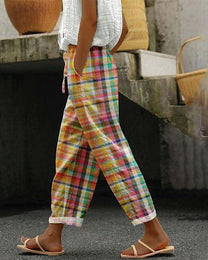 Vintage Check Trousers With Mid-Rise Waist And Pockets