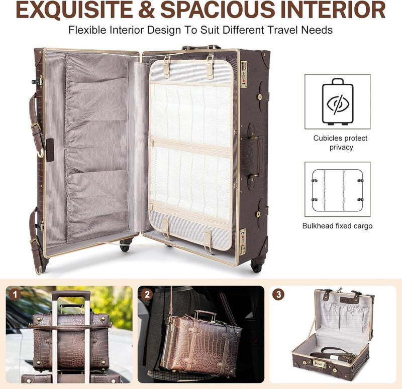 Vintage-Inspired Luggage Set With Spinner Wheels And Protective Cover