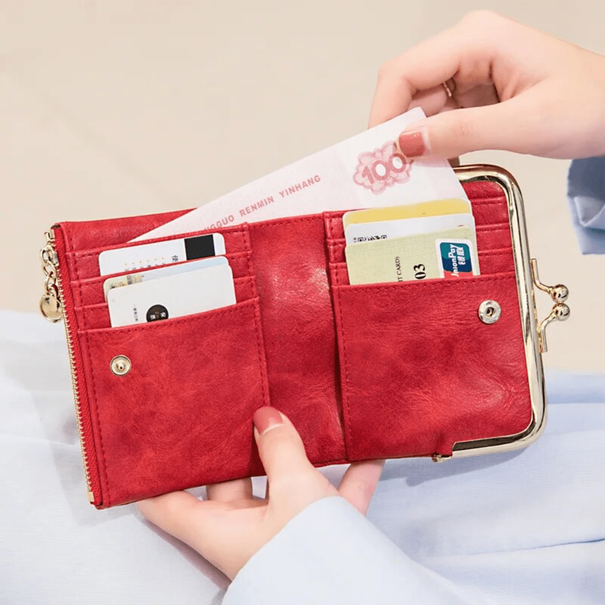 Vintage Kiss Lock Short Wallet PU Leather Bifold