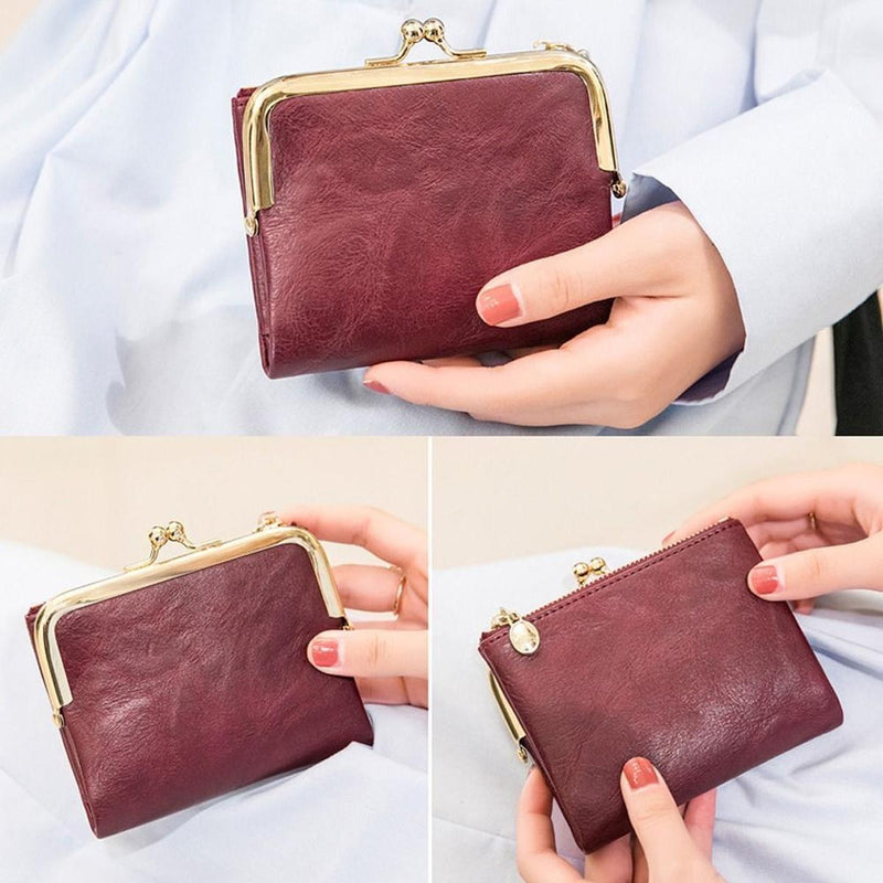 Vintage Kiss Lock Short Wallet PU Leather Bifold