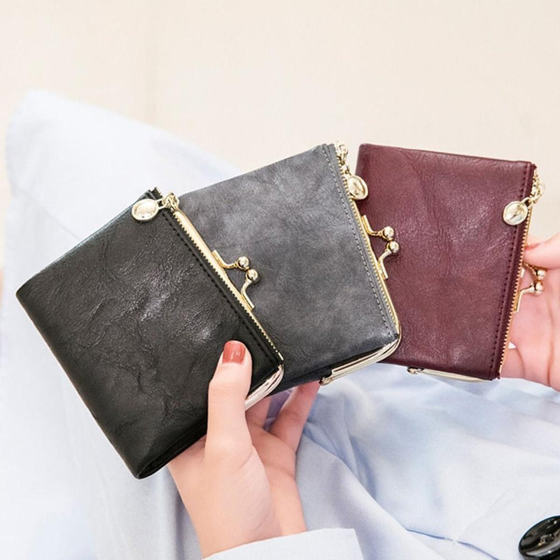 Vintage Kiss Lock Short Wallet PU Leather Bifold