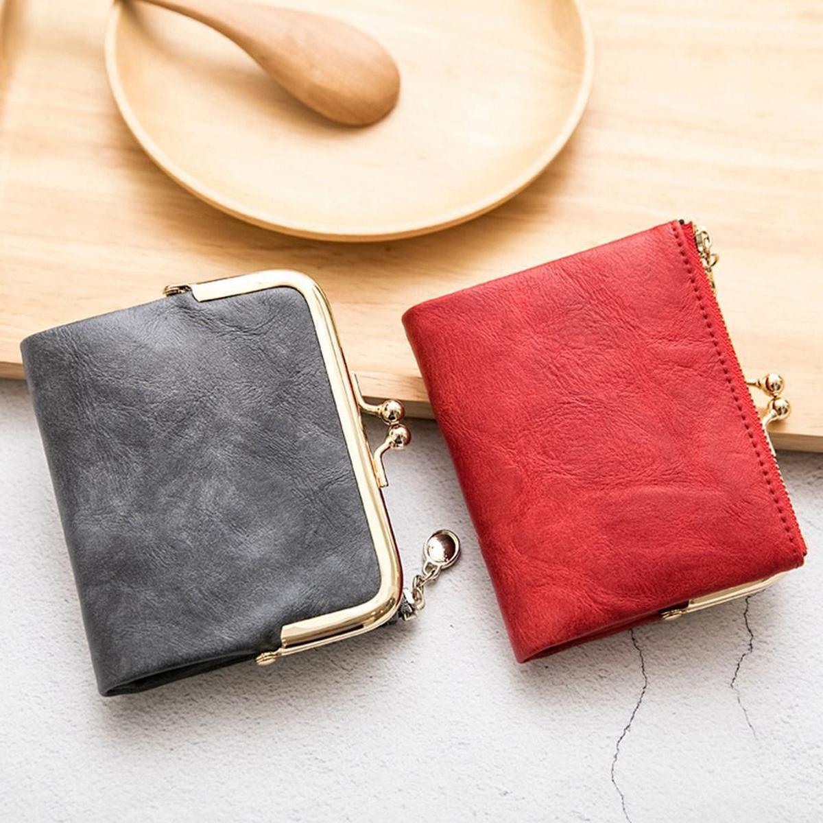 Vintage Kiss Lock Short Wallet PU Leather Bifold