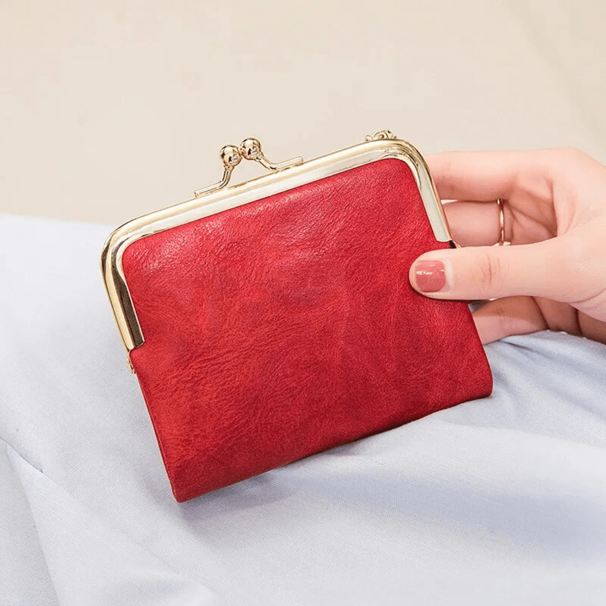 Vintage Kiss Lock Short Wallet PU Leather Bifold