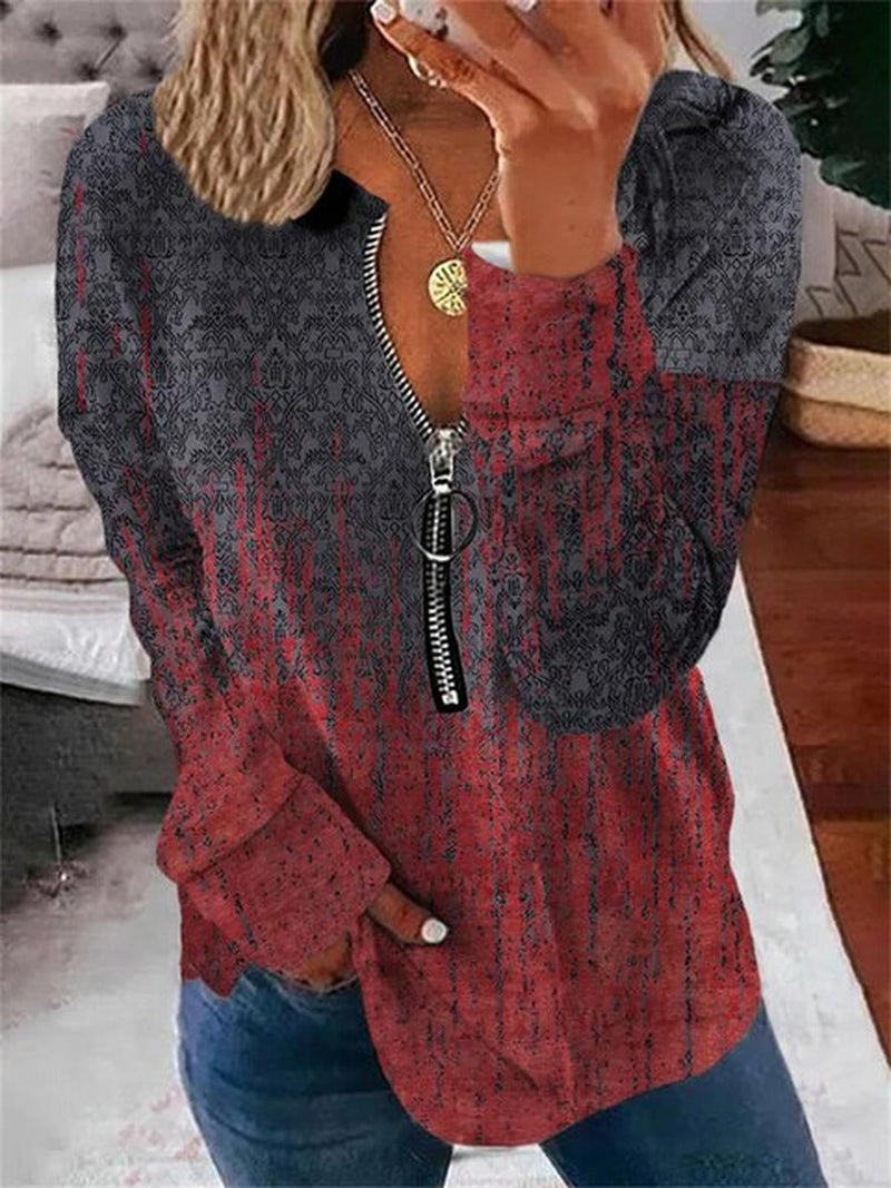 Vintage Pattern Long Sleeve Women&#39;s Top With Zip Detail