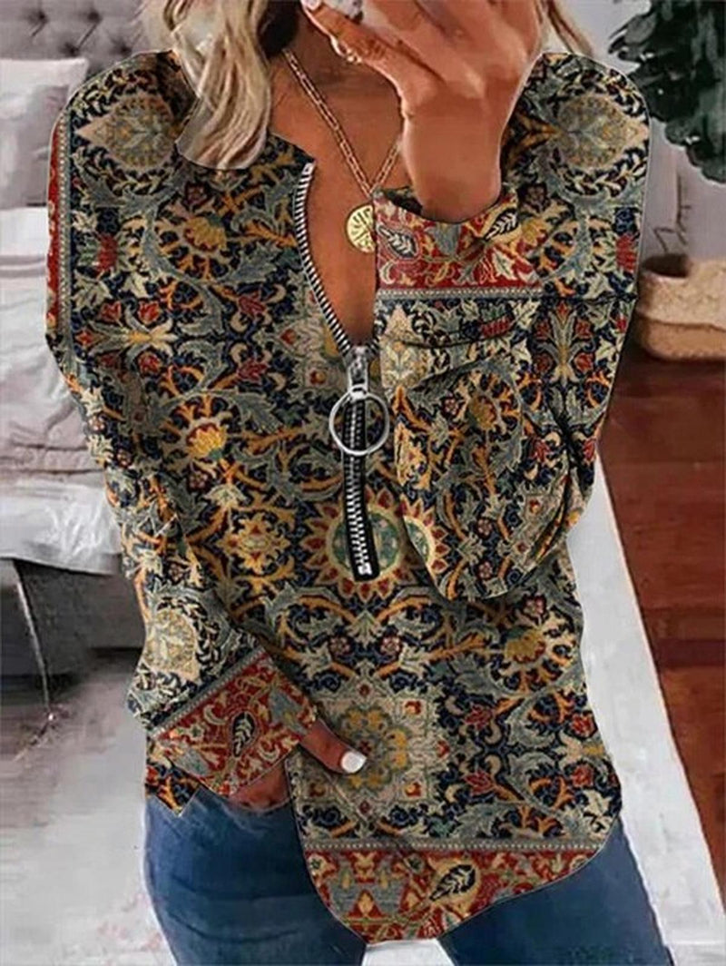 Vintage Pattern Long Sleeve Women&#39;s Top With Zip Detail
