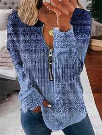 Vintage Pattern Long Sleeve Women&#39;s Top With Zip Detail