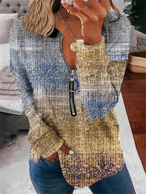 Vintage Pattern Long Sleeve Women&#39;s Top With Zip Detail