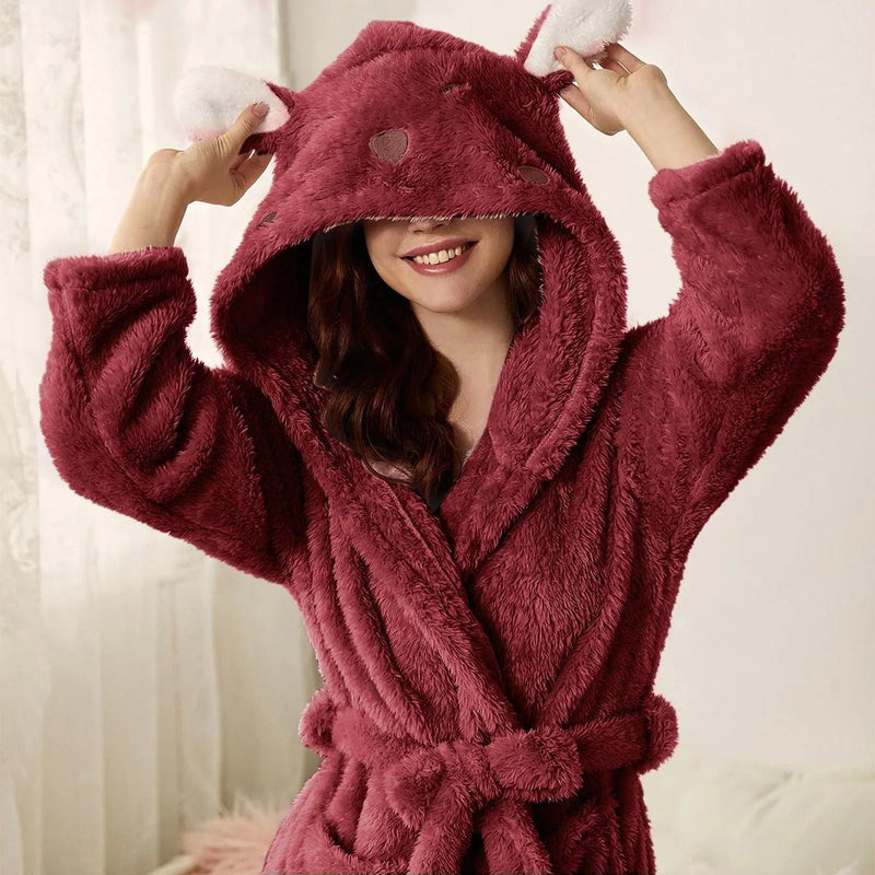 Warm Flannel Bathrobe With Hood And Bunny Ears