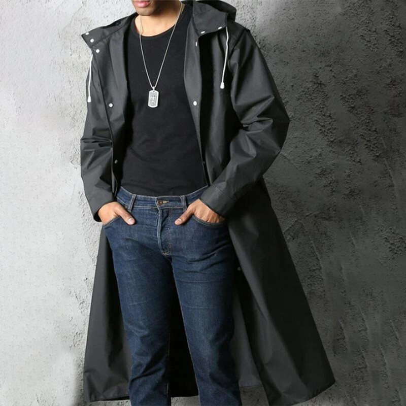 Waterproof Black Hooded Long Coat