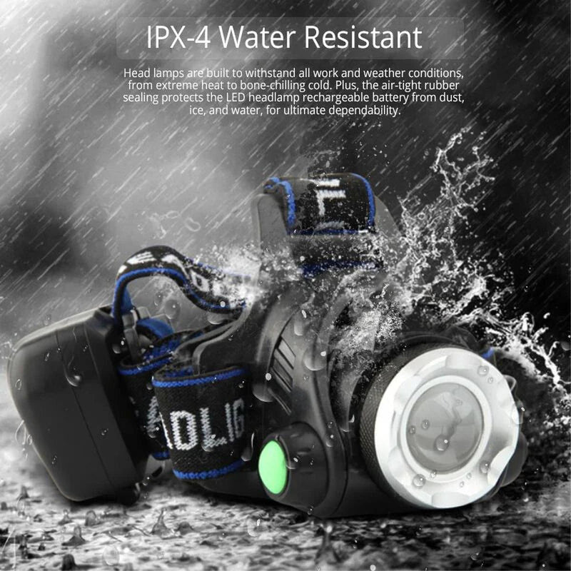 Waterproof LED Headlamp With Zoom &amp; Rechargeable Battery For Outdoor Activities