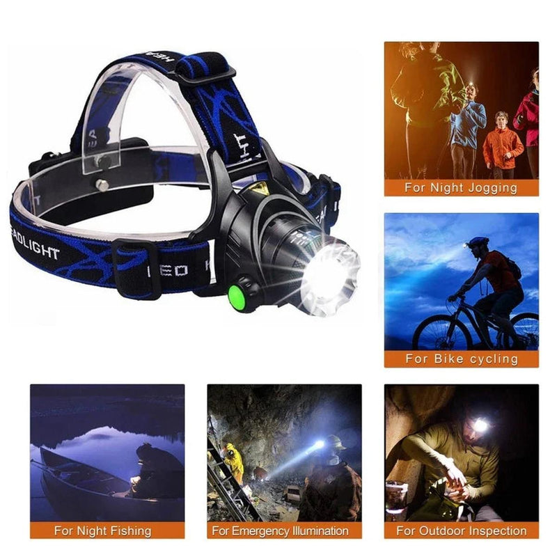 Waterproof LED Headlamp With Zoom &amp; Rechargeable Battery For Outdoor Activities