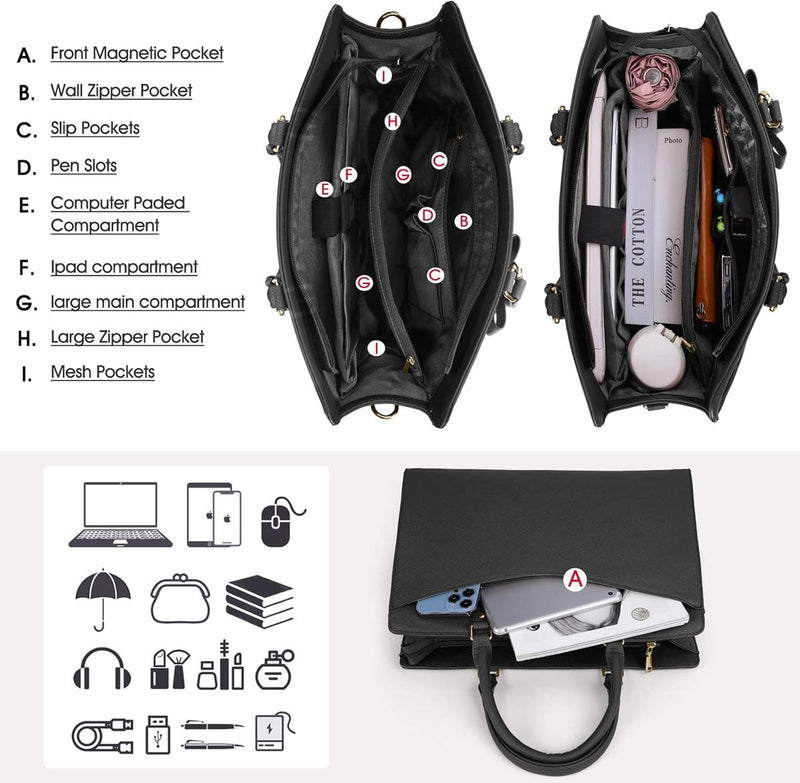Waterproof PU Leather Laptop Bag For Women With Multi-Compartment Design