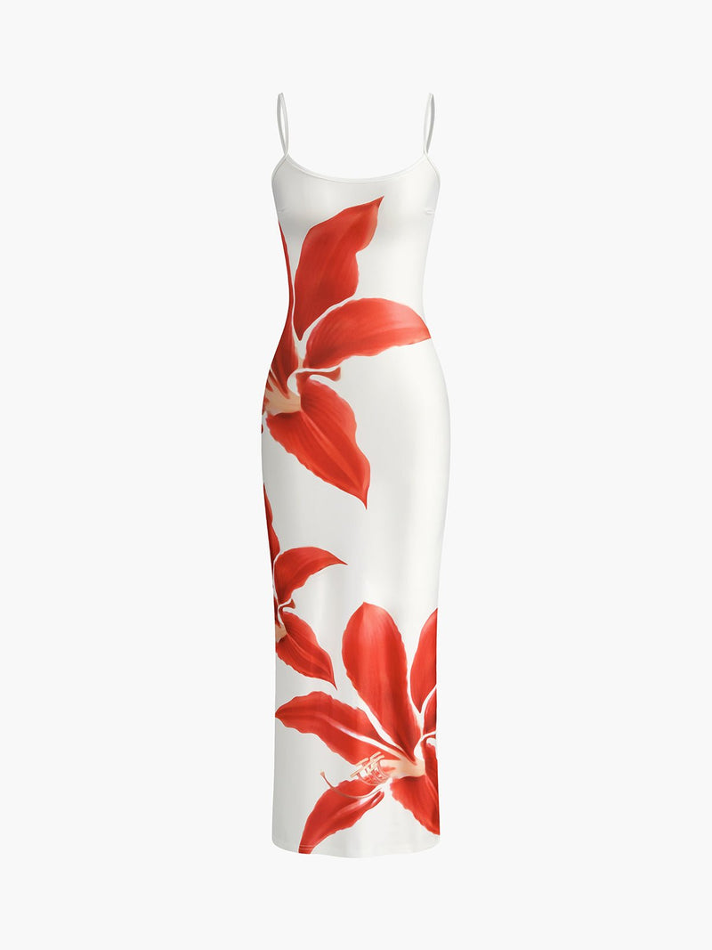 White Body-con Maxi Dress With Red Lily Print