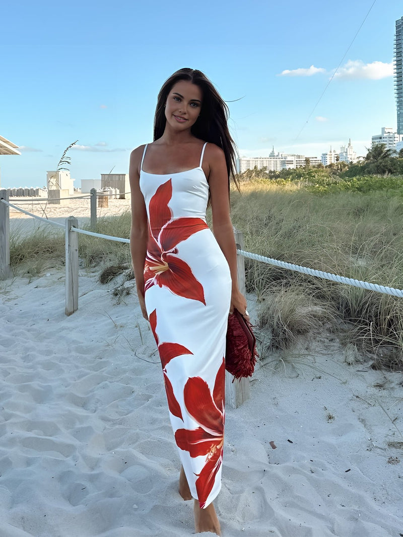 White Body-con Maxi Dress With Red Lily Print