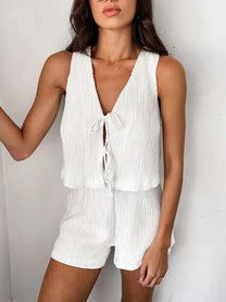 White Bubble Crepe Sleeveless Vest &amp; Shorts Set