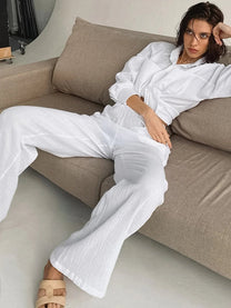 White Cotton Two Piece Pants Set