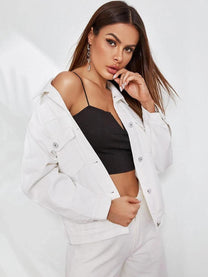 White Women&#39;s Spring Jacket With Button Closure And Pockets