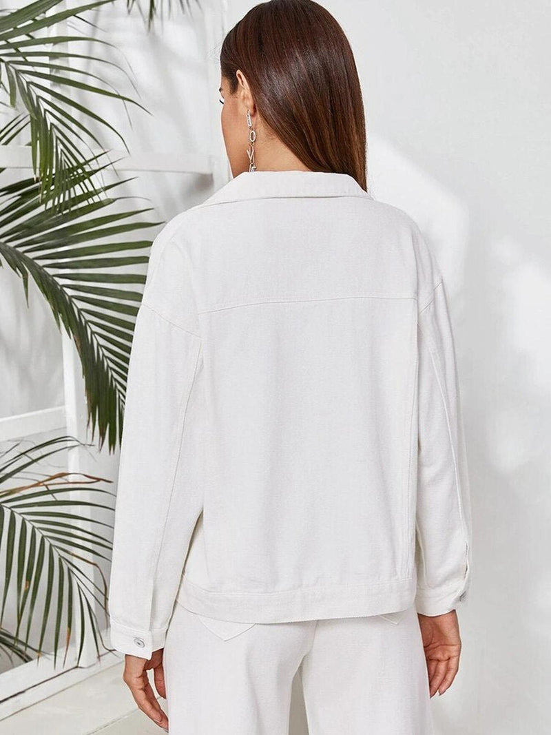 White Women&#39;s Spring Jacket With Button Closure And Pockets