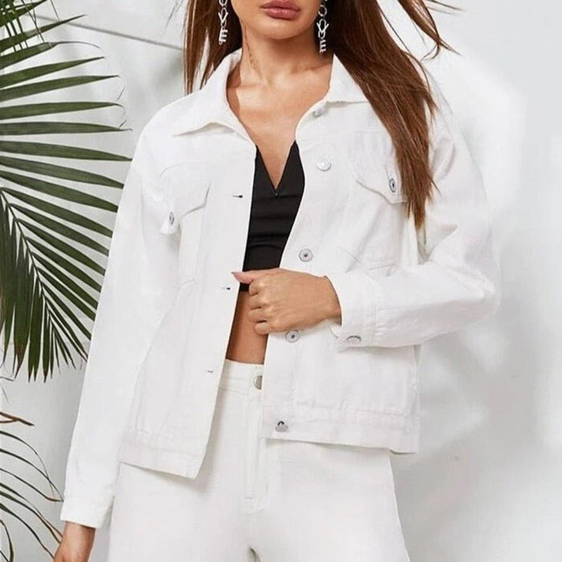 White Women&#39;s Spring Jacket With Button Closure And Pockets