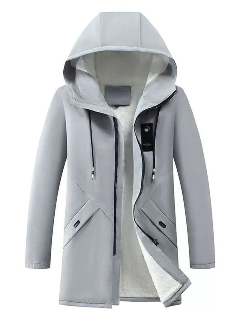 Windproof Mid-Length Hooded Jacket With Fleece Lining
