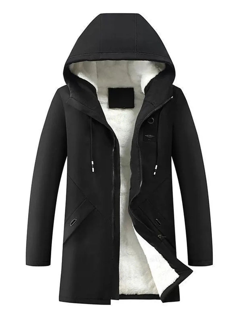 Windproof Mid-Length Hooded Jacket With Fleece Lining