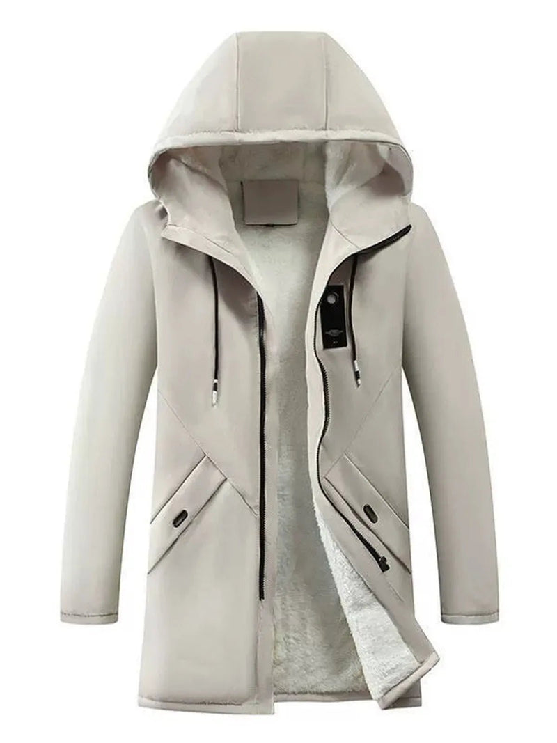 Windproof Mid-Length Hooded Jacket With Fleece Lining