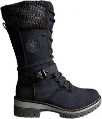Women&#39; s Winter Buckle Lace Knitted Mid-Calf Boots