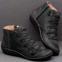 Women&#39; sPU Leather Ankle Boots With Side Zipper And Laces