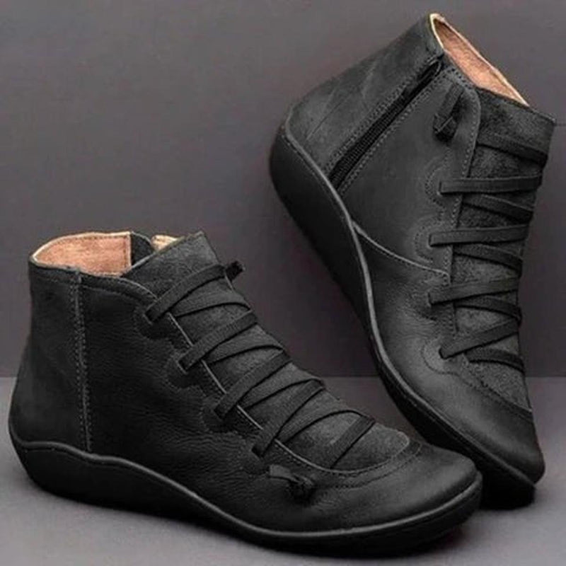 Women&#39; sPU Leather Ankle Boots With Side Zipper And Laces