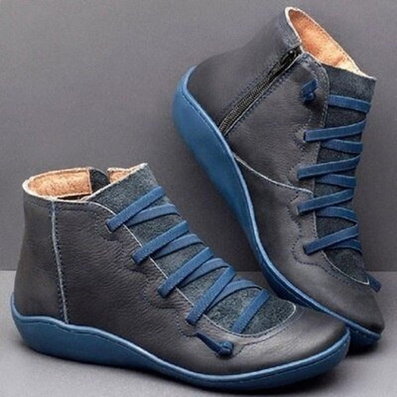 Women&#39; sPU Leather Ankle Boots With Side Zipper And Laces