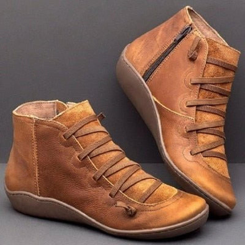 Women&#39; sPU Leather Ankle Boots With Side Zipper And Laces