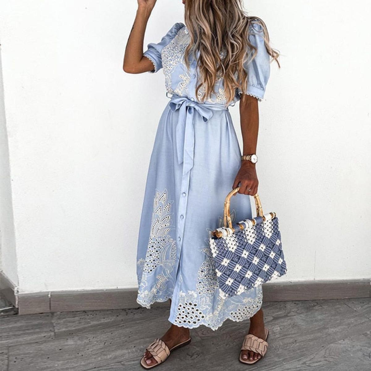Women&#39;s A-Line Embroidered Blue Dress