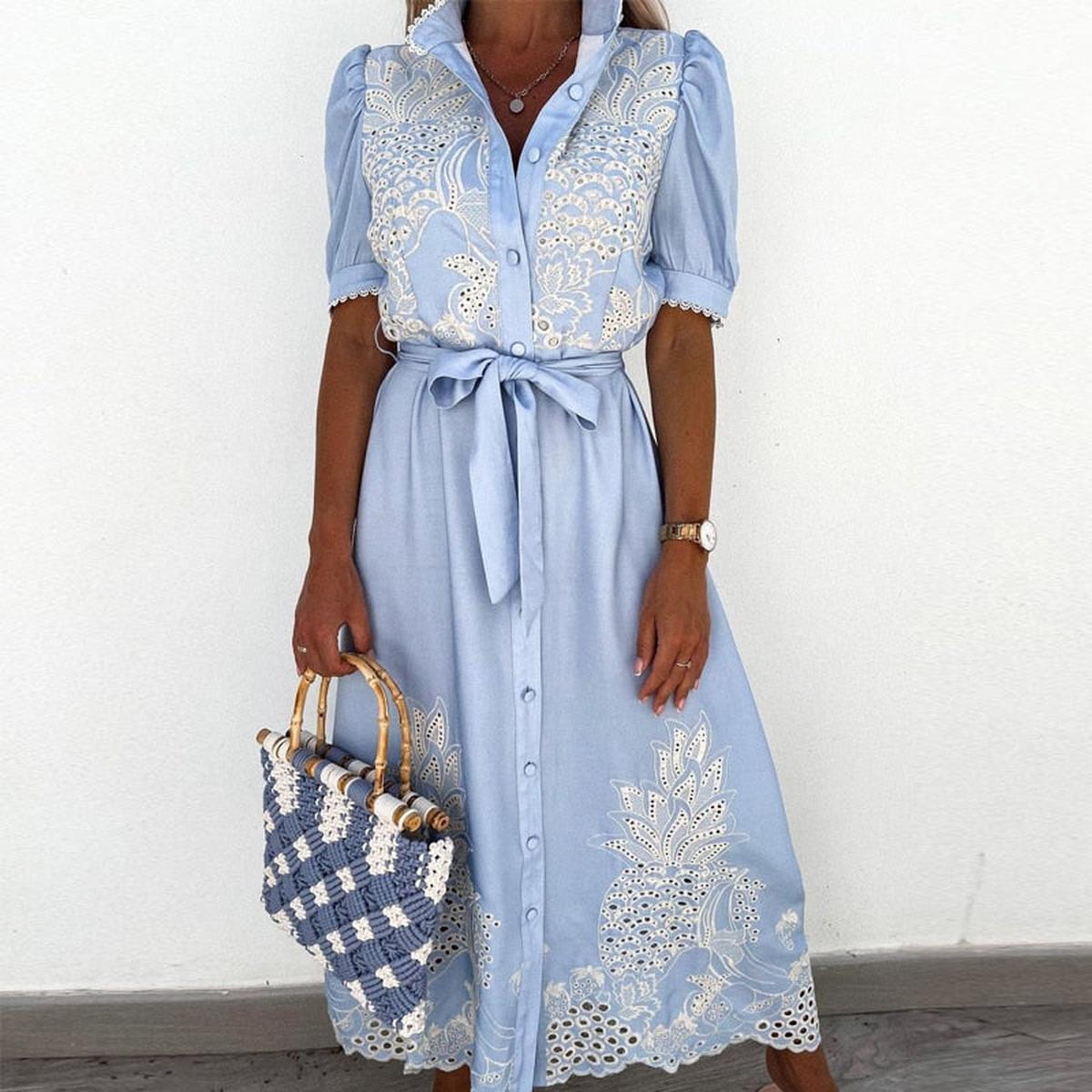 Women&#39;s A-Line Embroidered Blue Dress