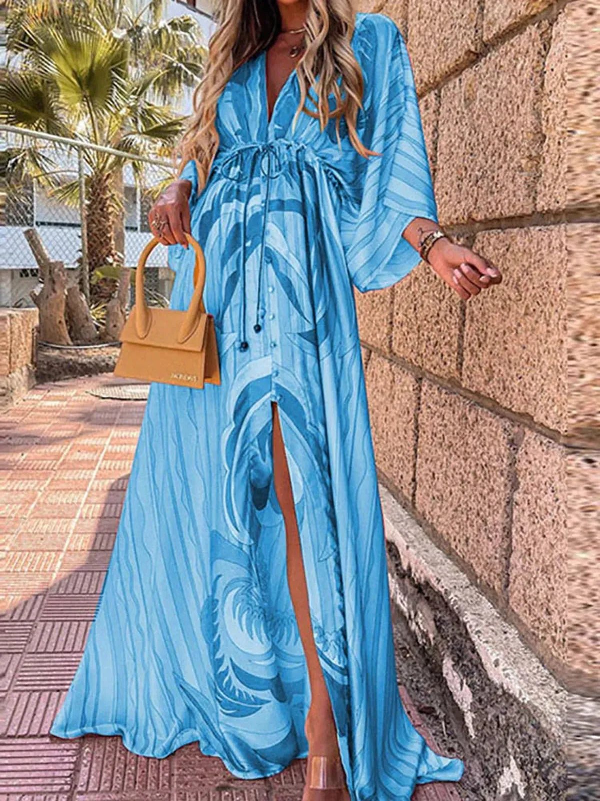 Women&#39;s Abstract Print Belted Maxi Dress