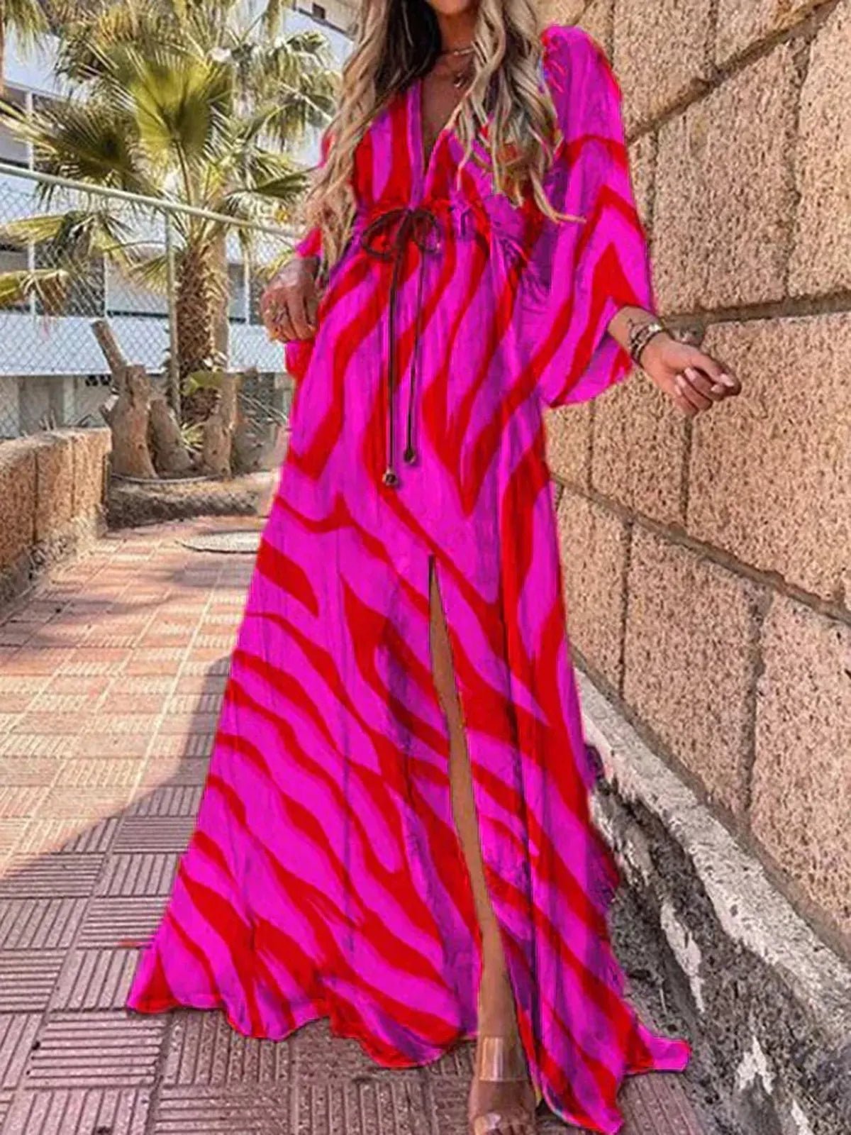 Women&#39;s Abstract Print Belted Maxi Dress