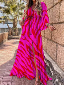 Women&#39;s Abstract Print Belted Maxi Dress