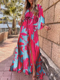 Women&#39;s Abstract Print Belted Maxi Dress
