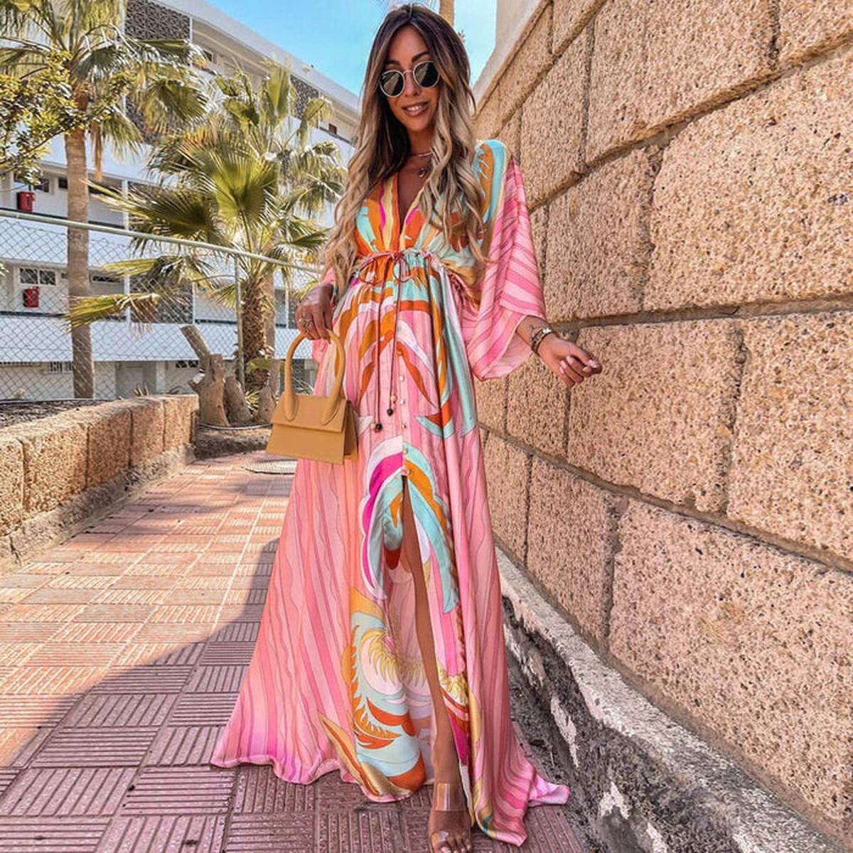 Women&#39;s Abstract Print Belted Maxi Dress