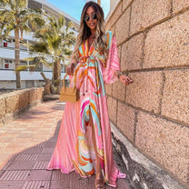 Women&#39;s Abstract Print Belted Maxi Dress