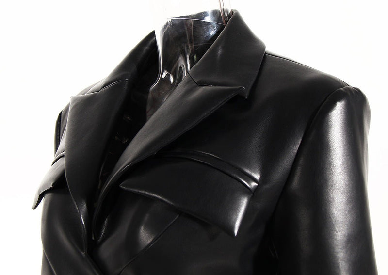 Women&#39;s Black PU Leather Waistband Outdoor Jacket