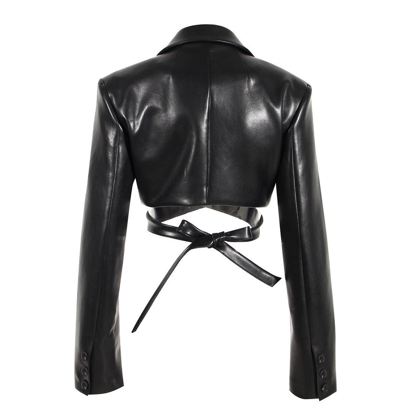 Women&#39;s Black PU Leather Waistband Outdoor Jacket