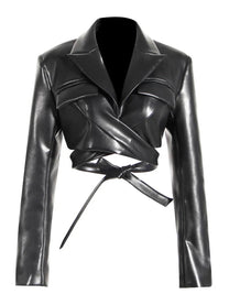 Women&#39;s Black PU Leather Waistband Outdoor Jacket